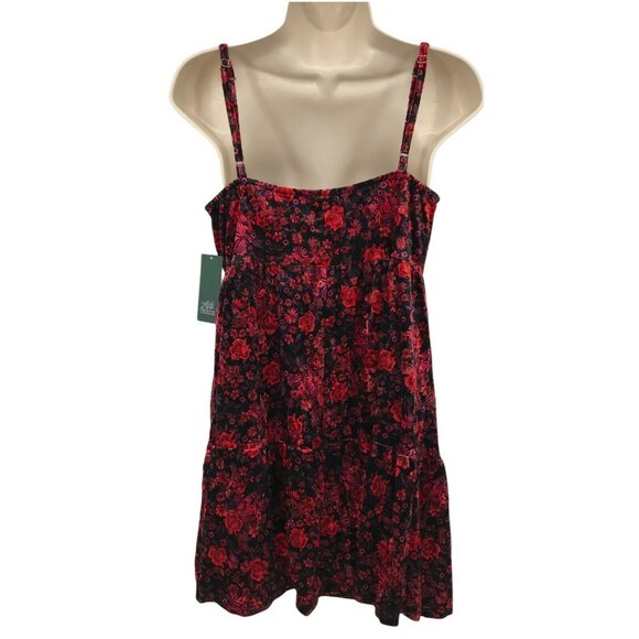 Wild Fable Women Square Neck Spaghetti Strap Floral Red Velvet Mini Dress Size M - Picture 2 of 9